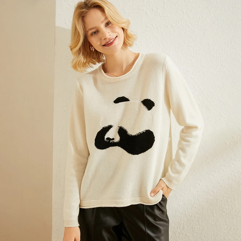 

Женский кашемировый свитер с круглым вырезом, Свободный вязаный пуловер с принтом панды, Осень-зима 2021