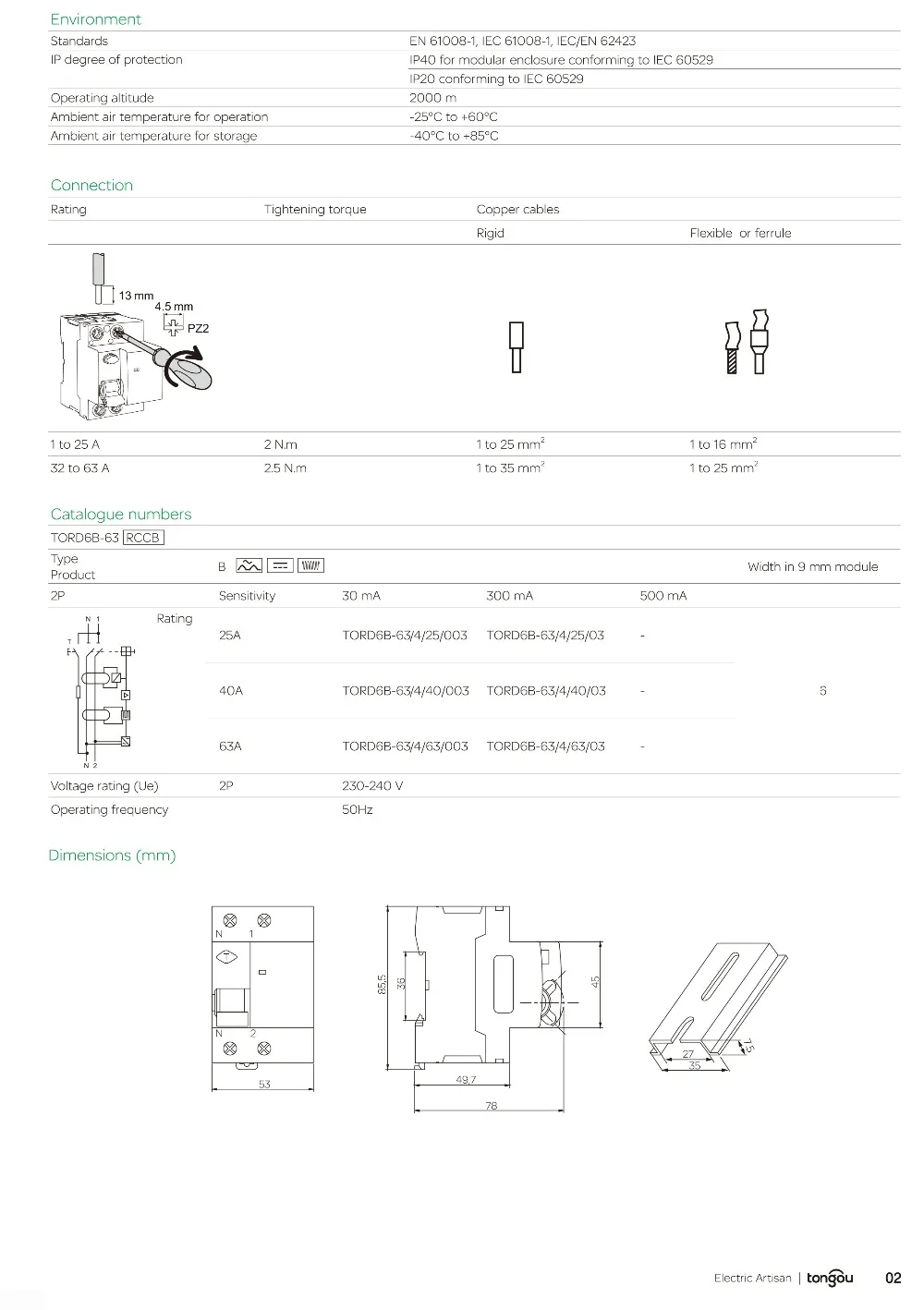 2P 4P 63 ампер Тип B 10KA RCCB RCD 230 В 400 в 30 мА УЗО TORD6B-63
