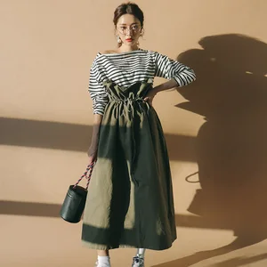 LANMREM 2020 новая модель из чистого хлопка зеленые широкие длинные юбки оборки Высокая талия на шнуровке плиссированные женские модные корейские брюки WA927