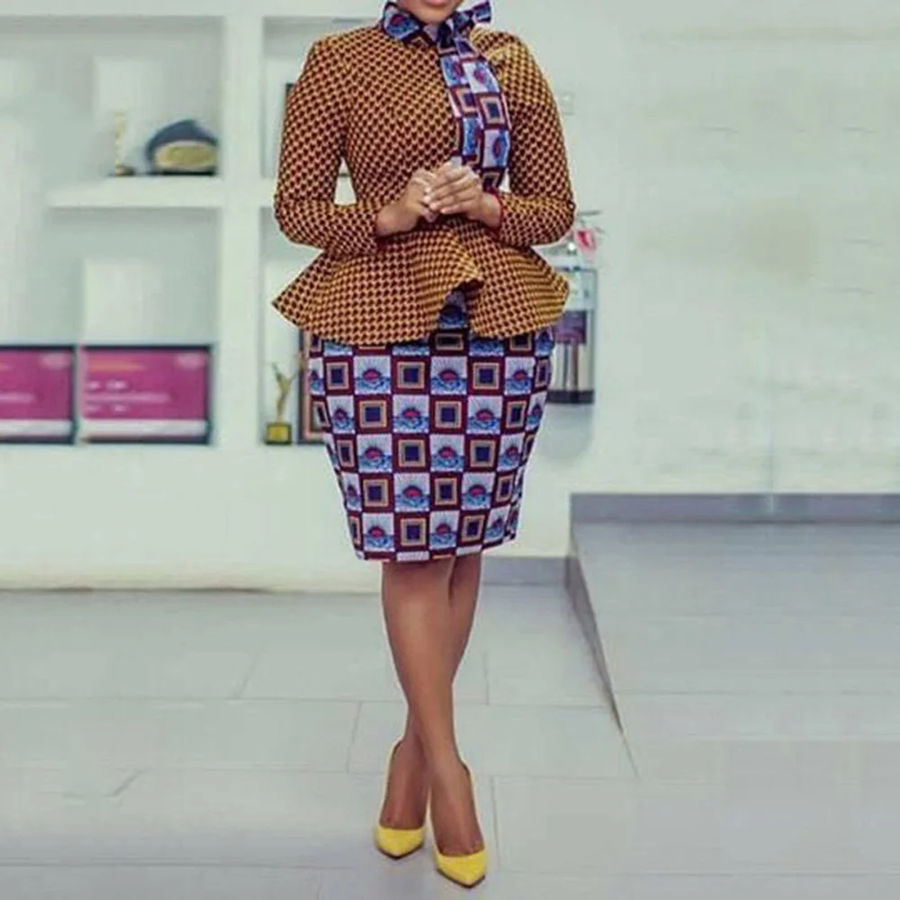 

African Print 2 Piece Skirt Sets Women Blouse & Skirts Bodycon High Waisted Knee Length Fashion Elegant Outfits Matching Sets OL