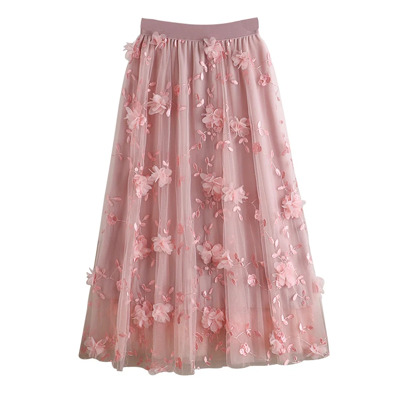 

Smlinan 2021 Summer Embroidery Floral Tulle Skirts Women Clothes Elastic High Waist Casual Long Skirt Ladies Korean Mesh Skirts