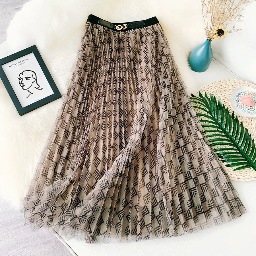 Plaid Stripe Casual Slim Vintage Mesh Pleated Maxi Skirt 2021 Autumn Winter Plaid Pleated Long Skirt Elegant Party Long Skirt