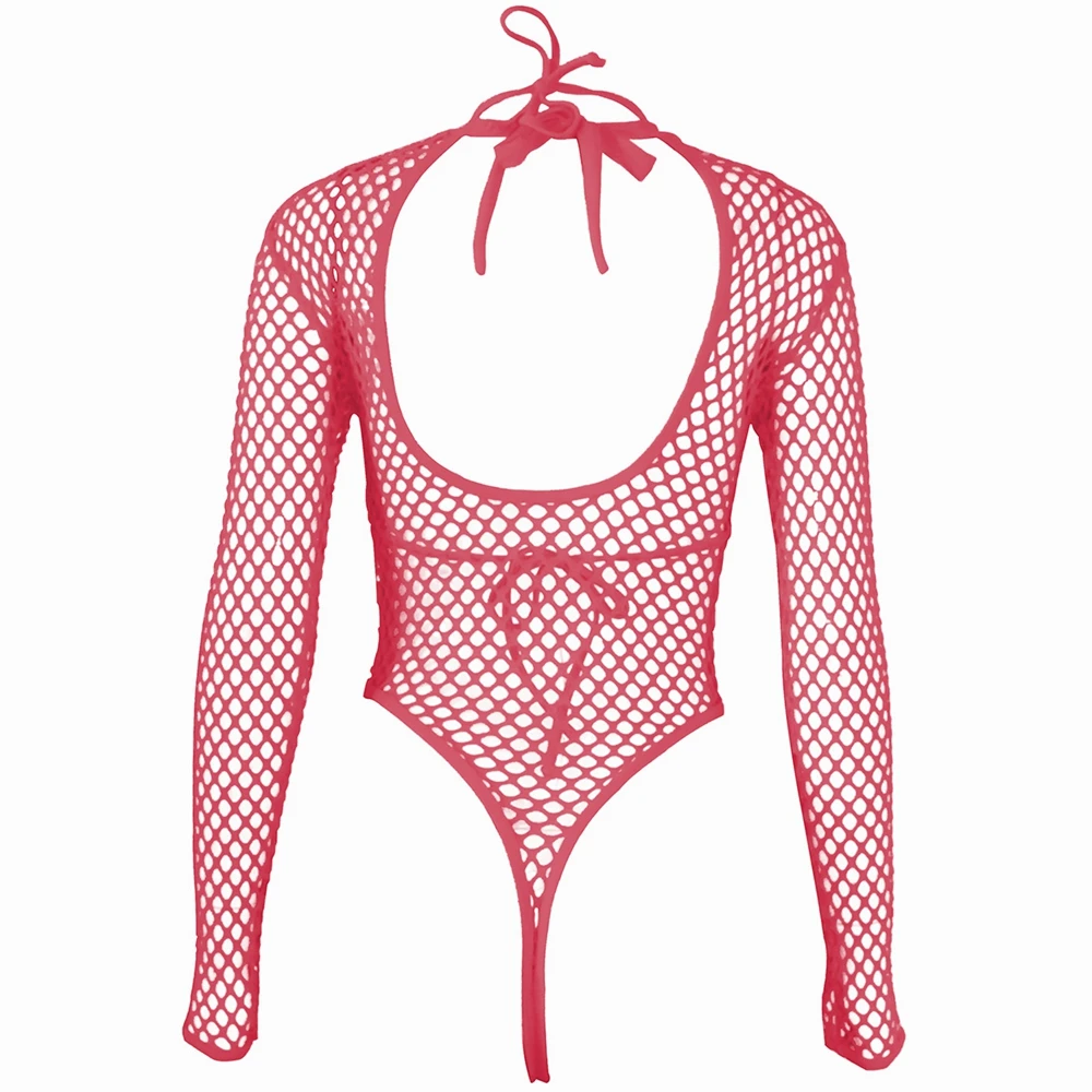 Neon Mesh One Piece Swimsuit Thong One Piece Swimwear Women Fishnet Tanga Swimsuit Sexy Bathing Suit High Neck Monokini