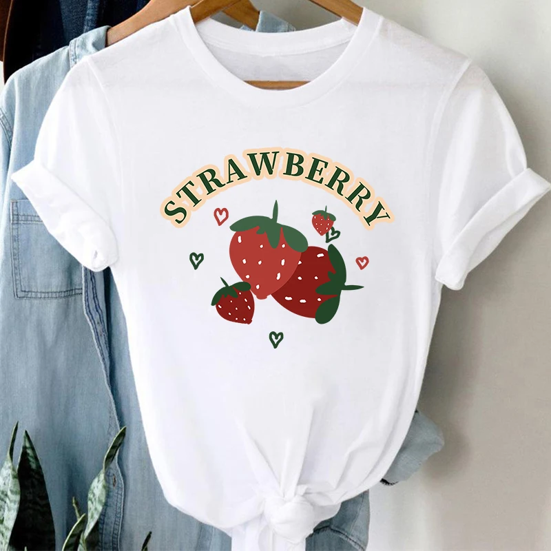 

Women Strawberry Fruit Casual Cartoon Pattern Short Sleeve Graphic Summer Fashion Print Female Clothes Tops Tees Tshirt T-Shirt