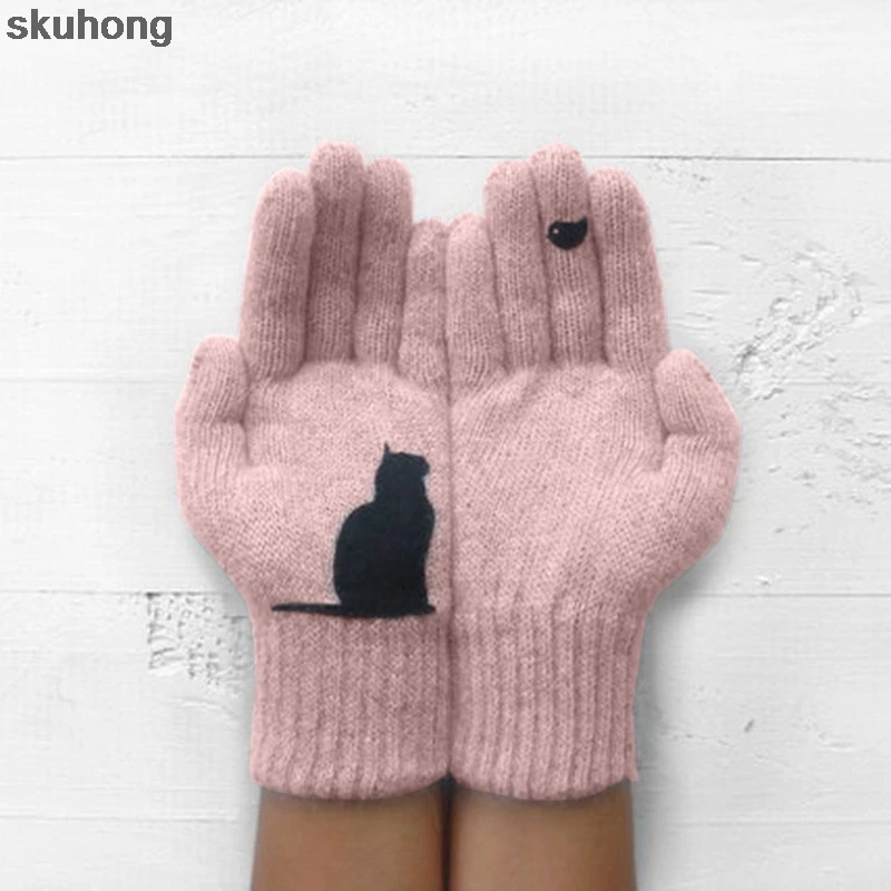 

Gloves women's Winter Cute Plush Warm Full Finger Cat Bird Knitted Gloves