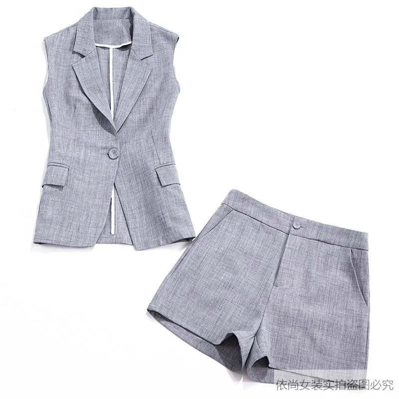 

Fashion Pant suit women summer New high quality grey Casual Sleeveless Suit vest + shorts pants 2 Piece Set women Office Lady