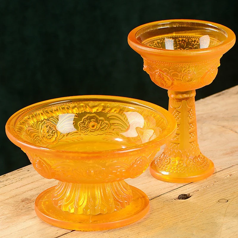 

Buddhist Guardian Tray Cup Furnishing Glass Handicraft Embossed Tibetan Interior Buddhism Holy Water Plate Home Gift Decorative