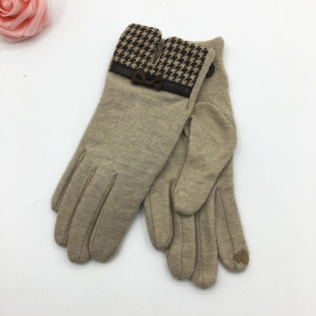 

Fashion Elegant Female Cashmere Touch Screen Gloves Winter Women Warm Cashmere Full Finger Leather Bow Gloves