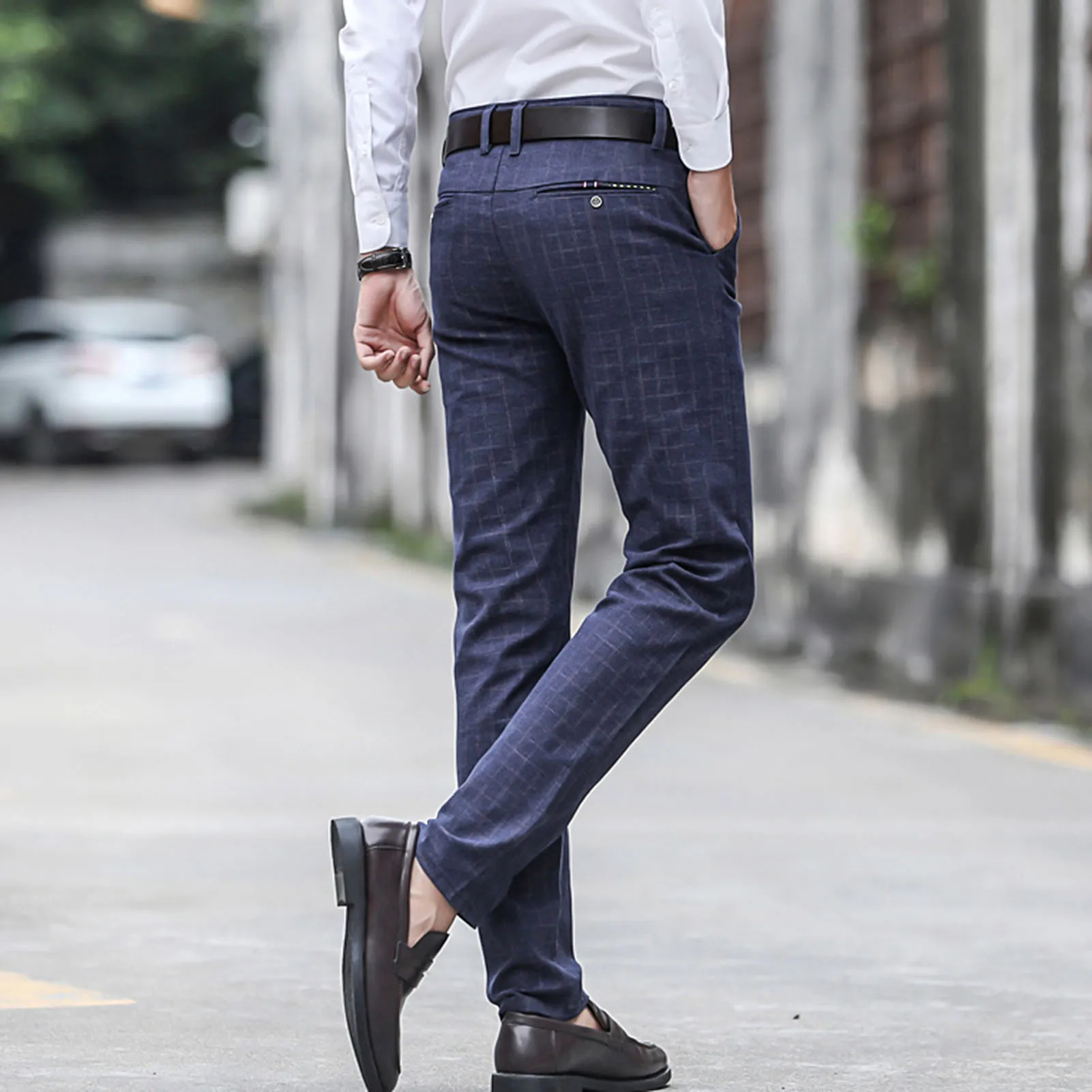 

Men Autumn Winter Plaid Check Pocket Long Slim Trousers Office Dress Pants