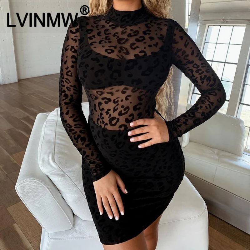 LVINMW сексуальное леопардовое Сетчатое просвечивающее мини платье с длинным