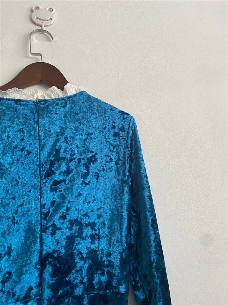 

2020 autumn blue elegant office dress lace round neck velvet print long sleeve casual dress woman clothes