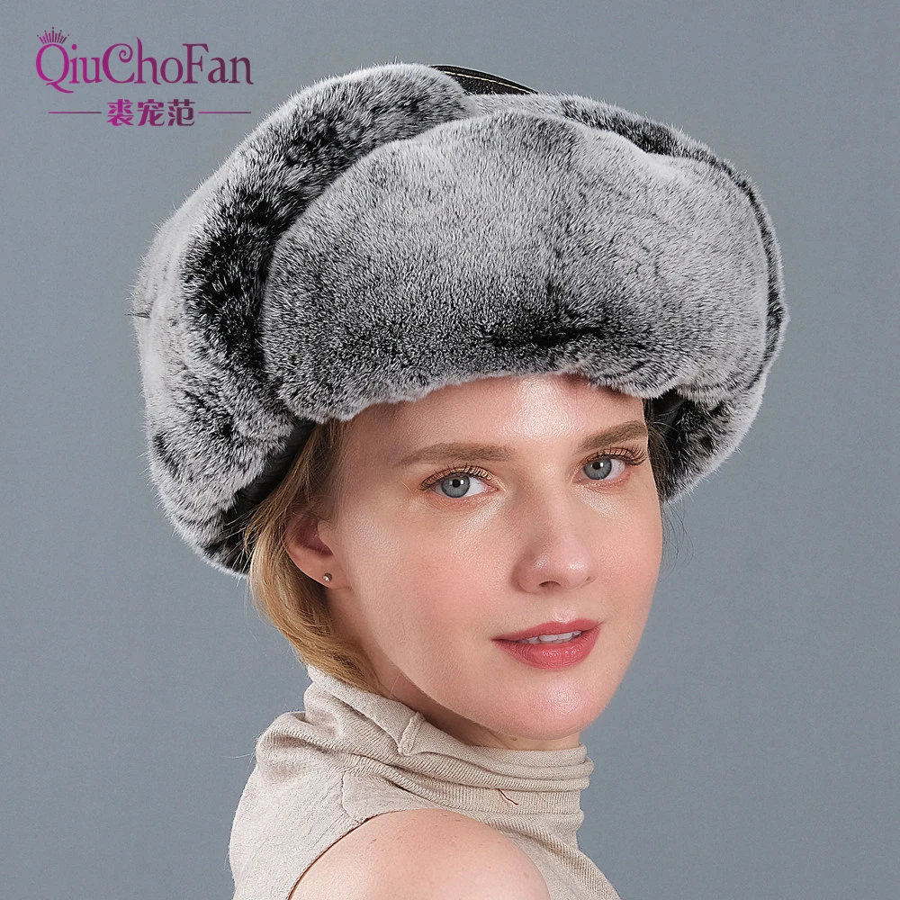 2020 Winter Ski Hat Russian Hat Men Women Warm Earmuffs Thicken Ear-flapped Hat Rex Rabbit  Fur Lei Feng Cap Bonnet