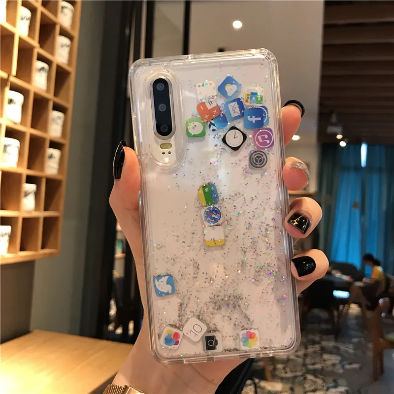 Quicksand Shell Cute APP Icon Coque For Huawei P20 P30 Pro Lite Nova 3 4 5 Honor V20 Liquid Hard PC Phone Case Transparent Cover |