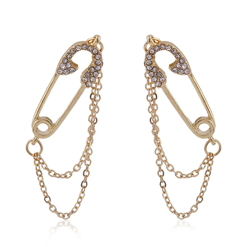 

Gold Color Punk Style Rihnestone Safety Pin Shaped Chain Drop Earrings for Women Girl Fashion Charm Ear Jewelry Collier Femme