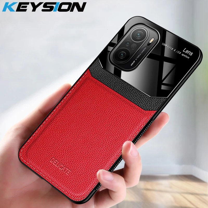 

KEYSION Fashion Case for Xiaomi POCO F3 Mi11i Leather Mirror Tempered Glass Shockproof Phone Back Cover for Redmi K40 Pro+ Plus
