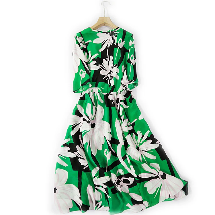 

SHUCHAN Natural Silk Thin Dress Women Summer Mid-Calf Bohemian Print Half Sleeve Green Korean Fashion Dress