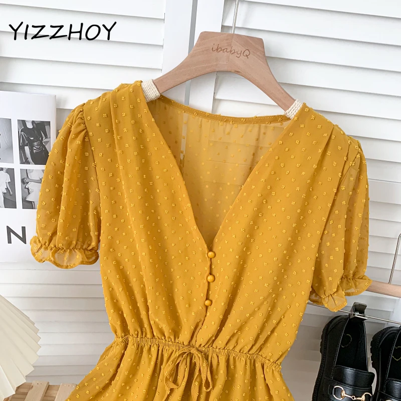 

YIZZHOY Summer Casual Puff Sleeve High Waist A-line Lady Chiffon Dress Women Fashion V-neck Single Breasted Lace-up Short Dress