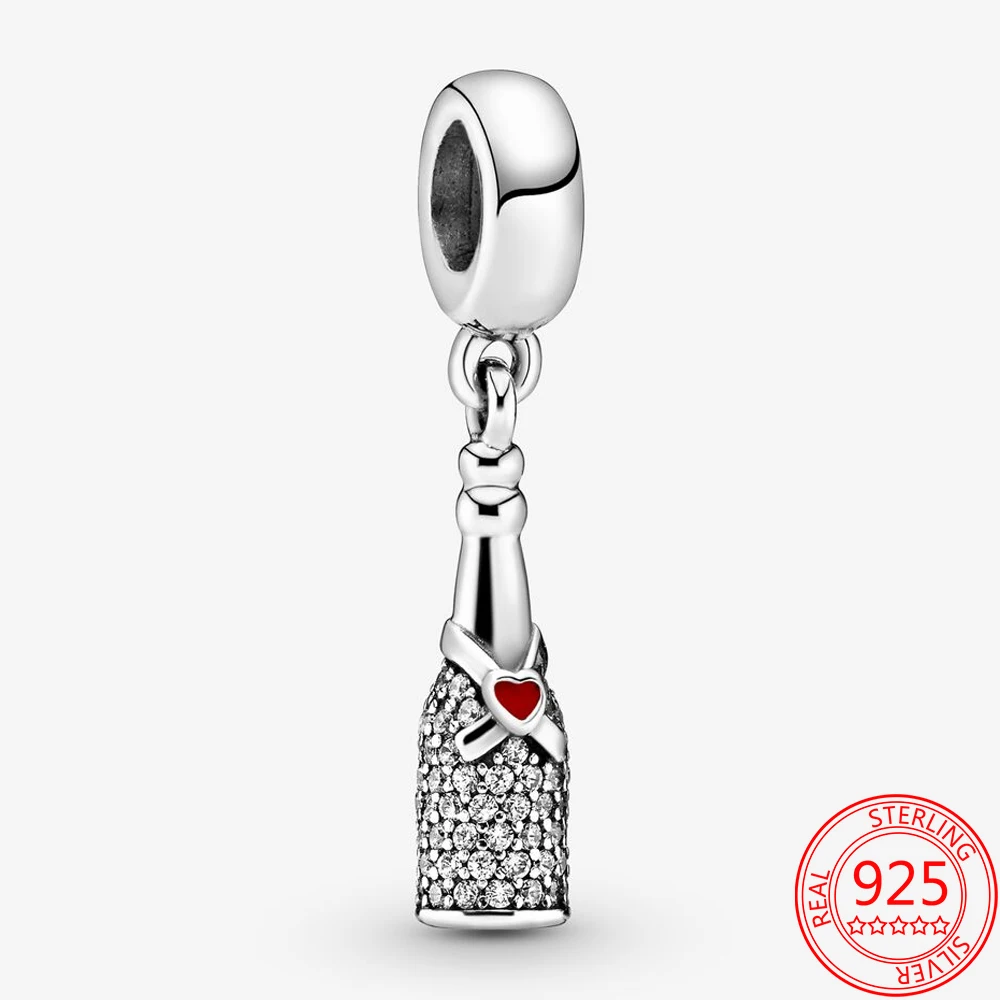 

Real 925 Sterling Silver Red enamel Sparkling Wine Bottle Dangle Charm Fit Fit Brand Bracelets Christmas Gifts