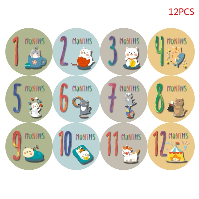 

W3JF 12 Pcs Baby Pregnant Monthly Stickers Newborn Growth Photography Props Cat Pattern Memory Recording Milestone Sticker