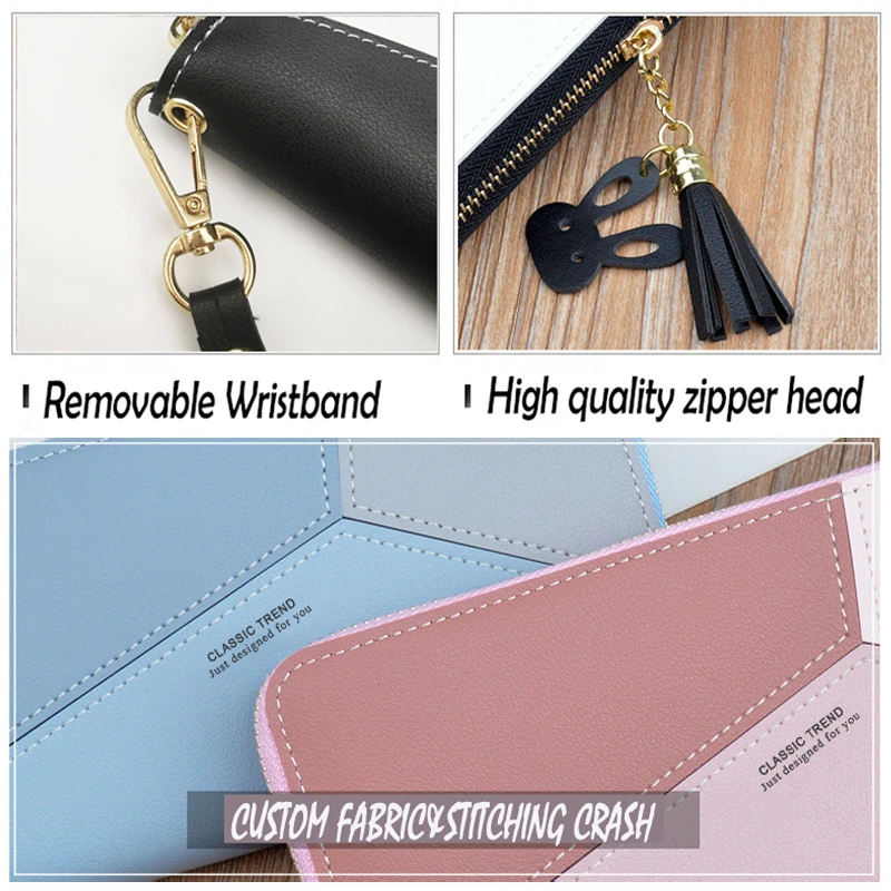 

Women Long Wallet Geometric Women Lady Tassel Short Coin Purse Wallets Zipper Pink Phone Pocket Purse Card Holder Patchwork