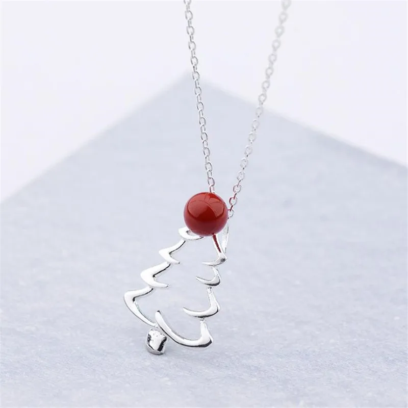 

New Fashion Popular Jewelry 925 Sterling Silver Christmas Tree Red Fruit Personality Clavicle Chain Pendant Necklaces N404