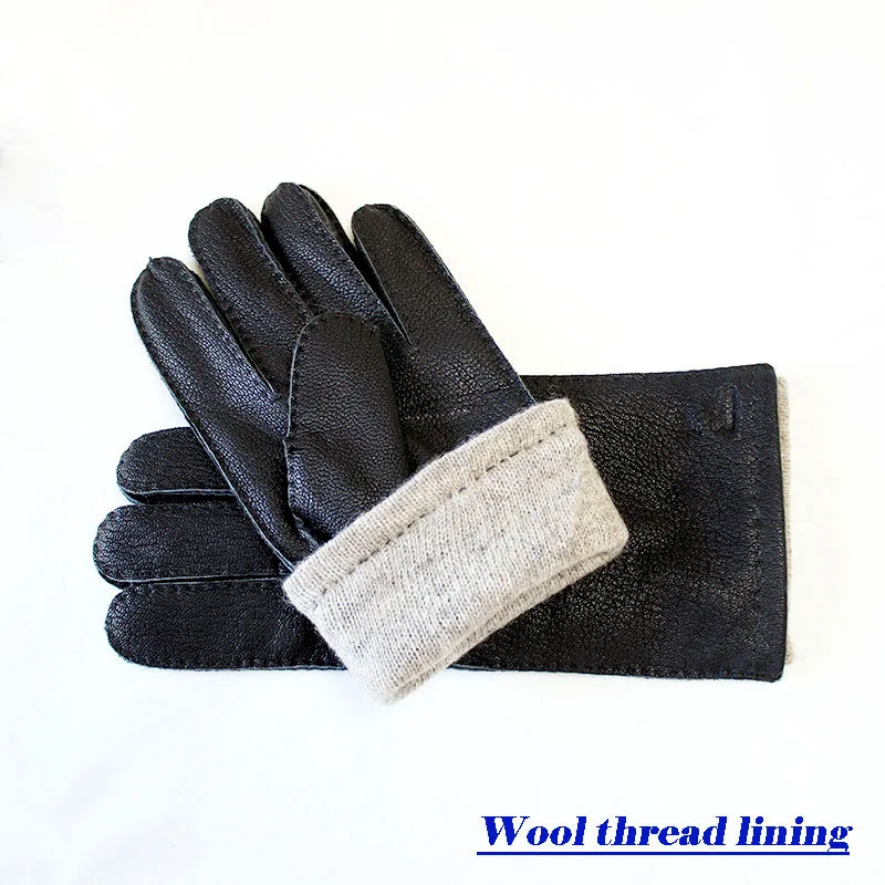 

New deerskin gloves men's hand-stitched straight style dark brown wool lining autumn warm leather gloves free shipping