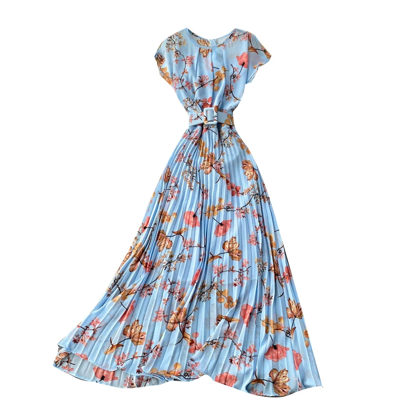 

SINGREINY Women Pleated Floral Dress Summer French O Neck Sashes A-line Dresses Bohemian Print Romantic Holiday Beach Dress