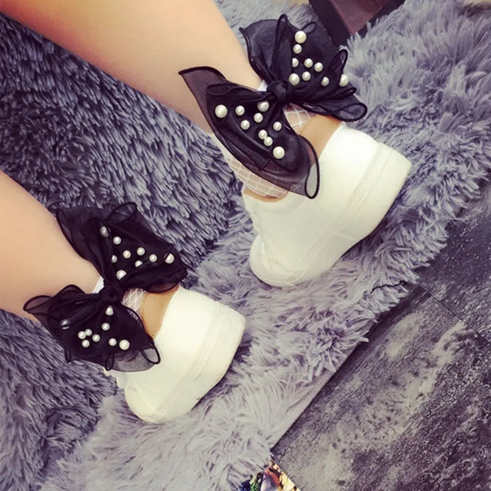 Модные женские носки в сеточку с кружевным бантом и жемчугом Повседневные