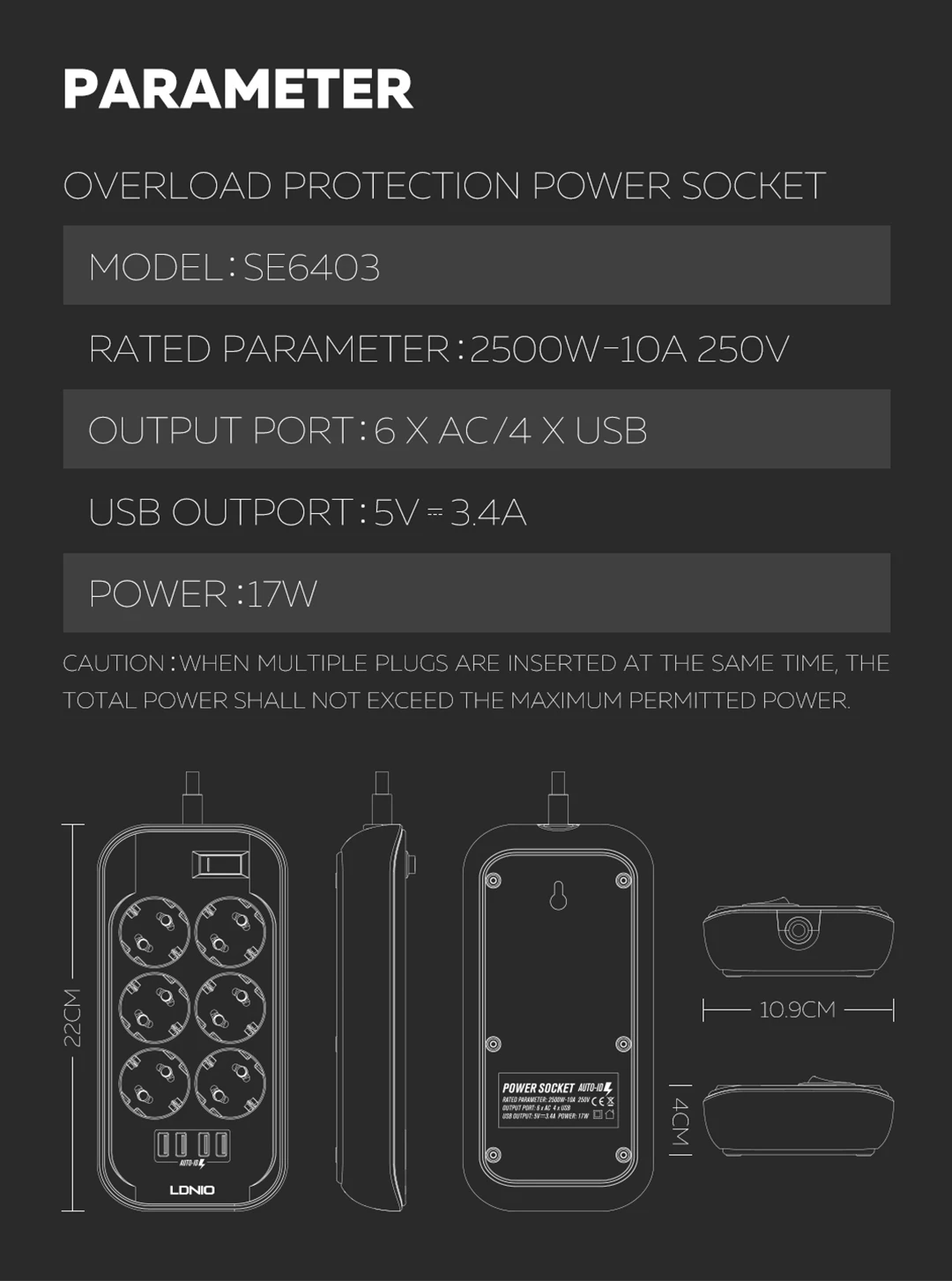 LDNIO SE6403 4USB телефон Зарядное устройство 6 Европейская Сетевая розетка Мощность