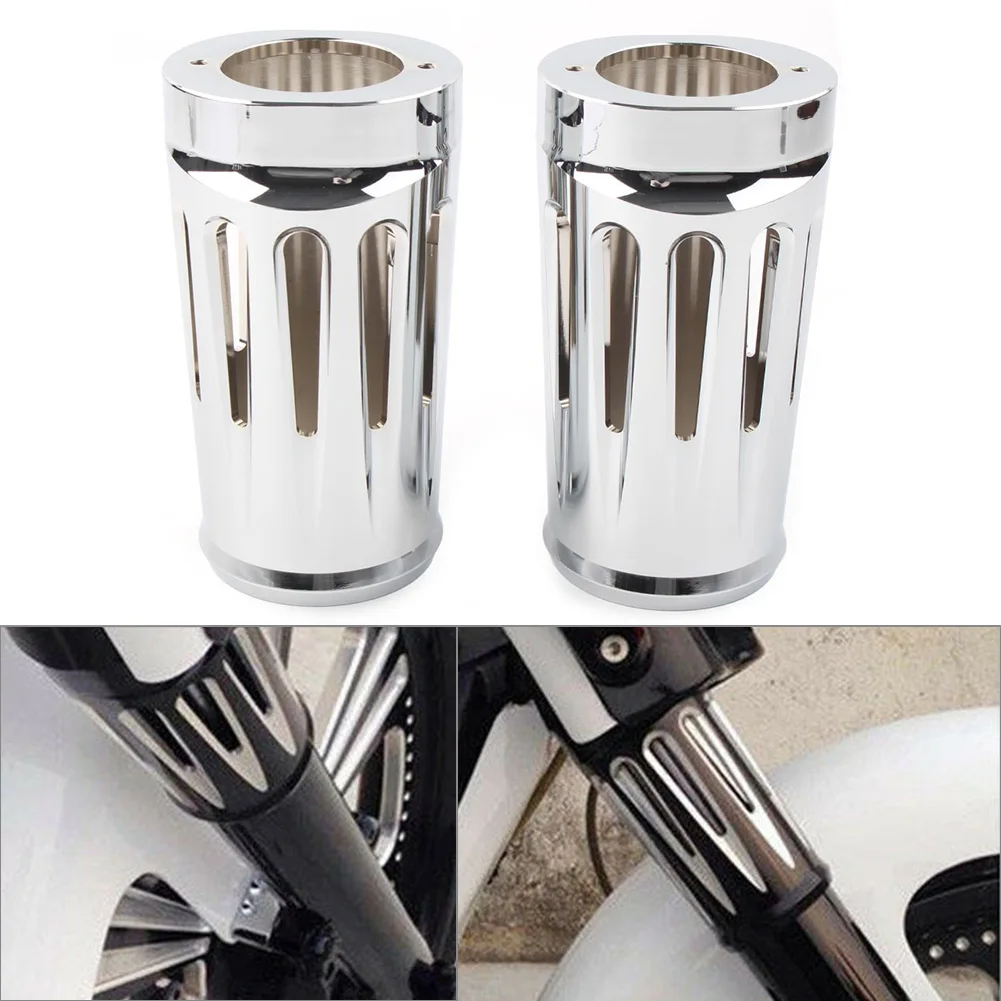 

2Pcs Chrome Motorcycle Fork Boot Slider Cover Cow Bell for Harley Touring Glide Trike 1986-2013 Aluminum Alloy