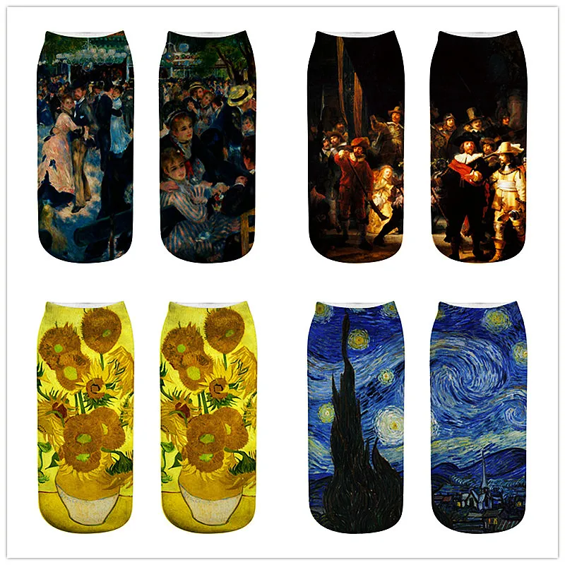 Носки женские с 3D-принтом дышащие низкие до щиколотки рисунком подсолнуха звезд