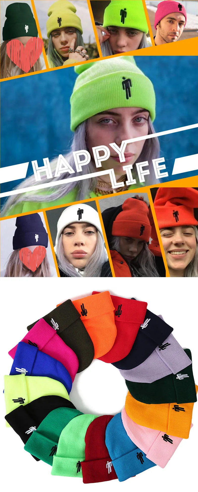 Зимняя однотонная вязаная шапка Billie Eilish Beanie, Повседневная Хип-хоп шляпы для мальчиков и девочек, шапка 19 цветная ткань, аксессуары, теплые шапки
