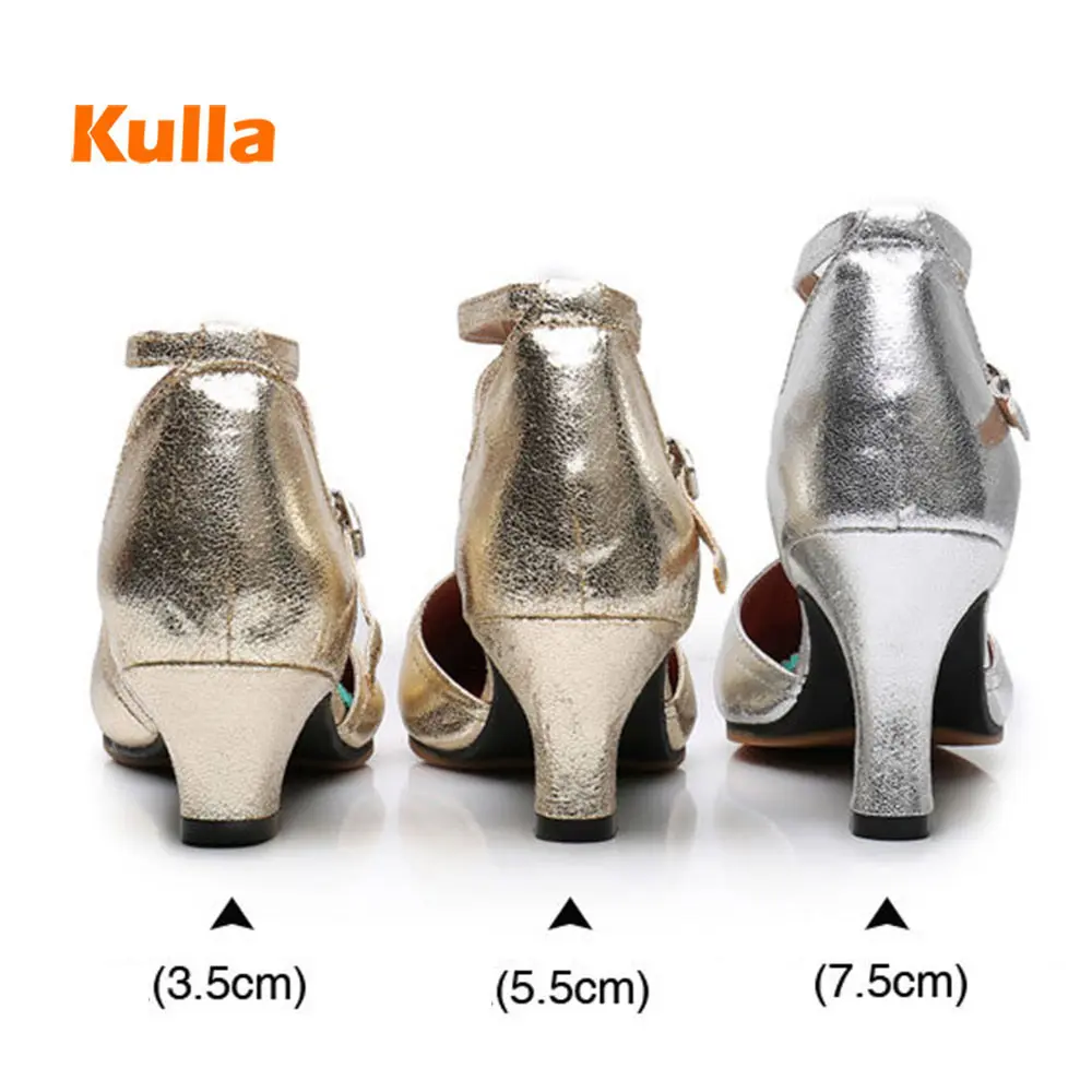 

Women Silver Latin Dance Shoes High-heeled Sequined Leather Salsa Ballroom Square Outdoor Rubber Sole Performance Dancing Shoes