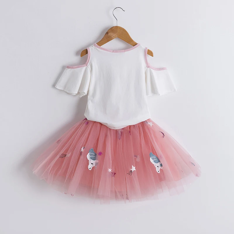Футболка с рисунком единорога и Сетчатое платье для маленьких девочек 3-8 лет