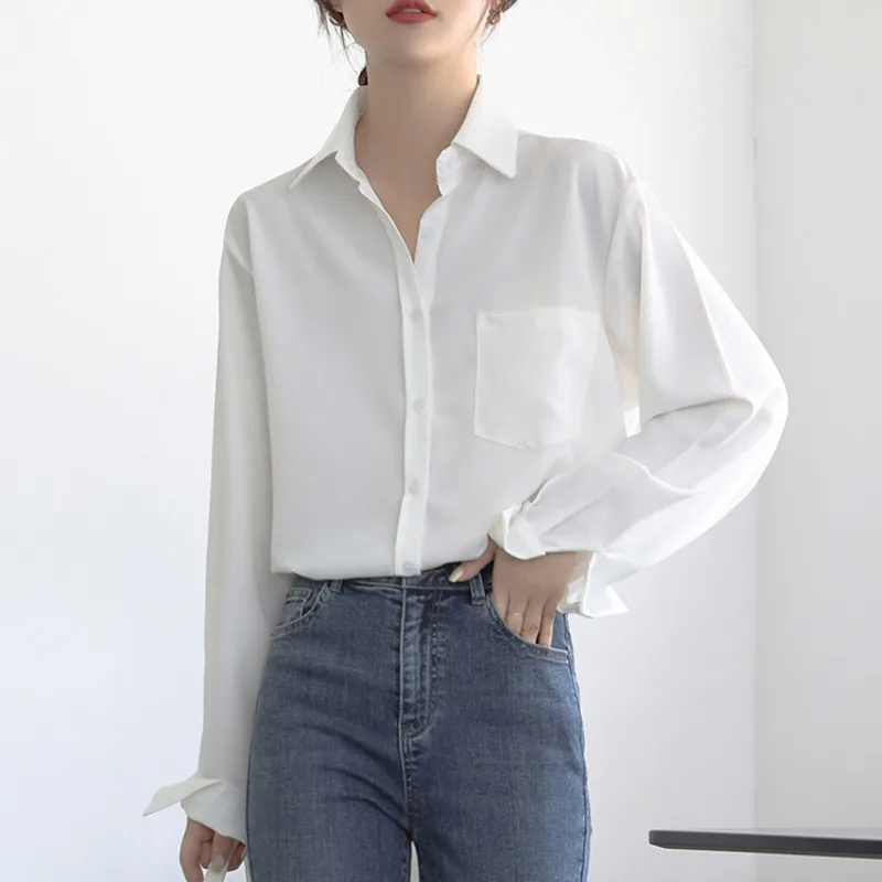 

Spring 2021 New Turn Down Collar Pocket Woman Shirts Solid Color Long Sleeve Loose Female Blouses Fashion Chic Office Lady Tops