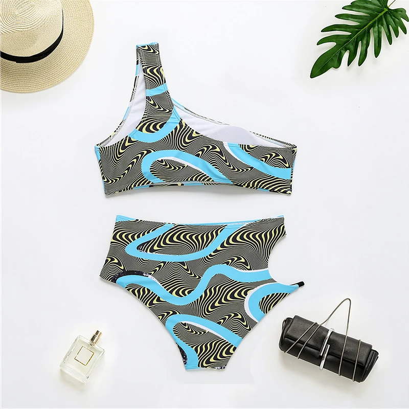 

Sale Sexy One Shoulder Bikini Swimsuit Female Irregular Print Hollow Out Bathing Suits Summer Women High Waist Biquini Beahwear