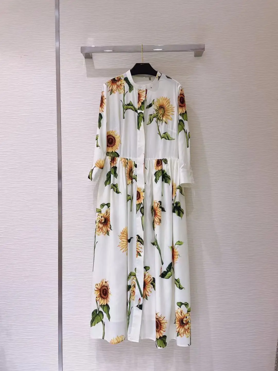 

2021 New Summer Women Elegant Long Dress High-end Sunflower Print Long Sleeves Single Breasted Runway Holiday Dress