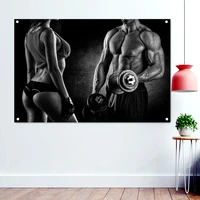stylish body builder couple wallpaper banner flag gym wall background hanging painting sport fitness workout poster wall sticker