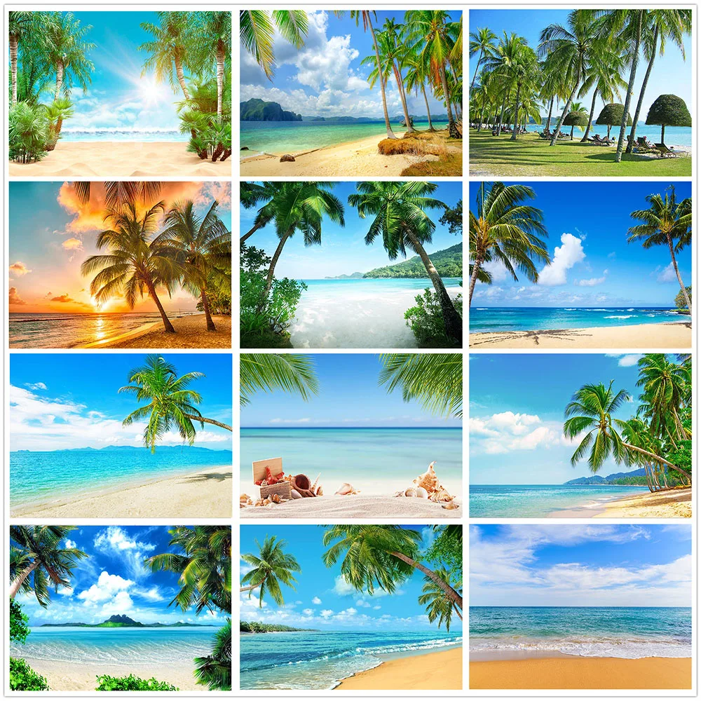 

Фон для фотосъемки с изображением голубого неба белых облаков ладони летнего пляжа