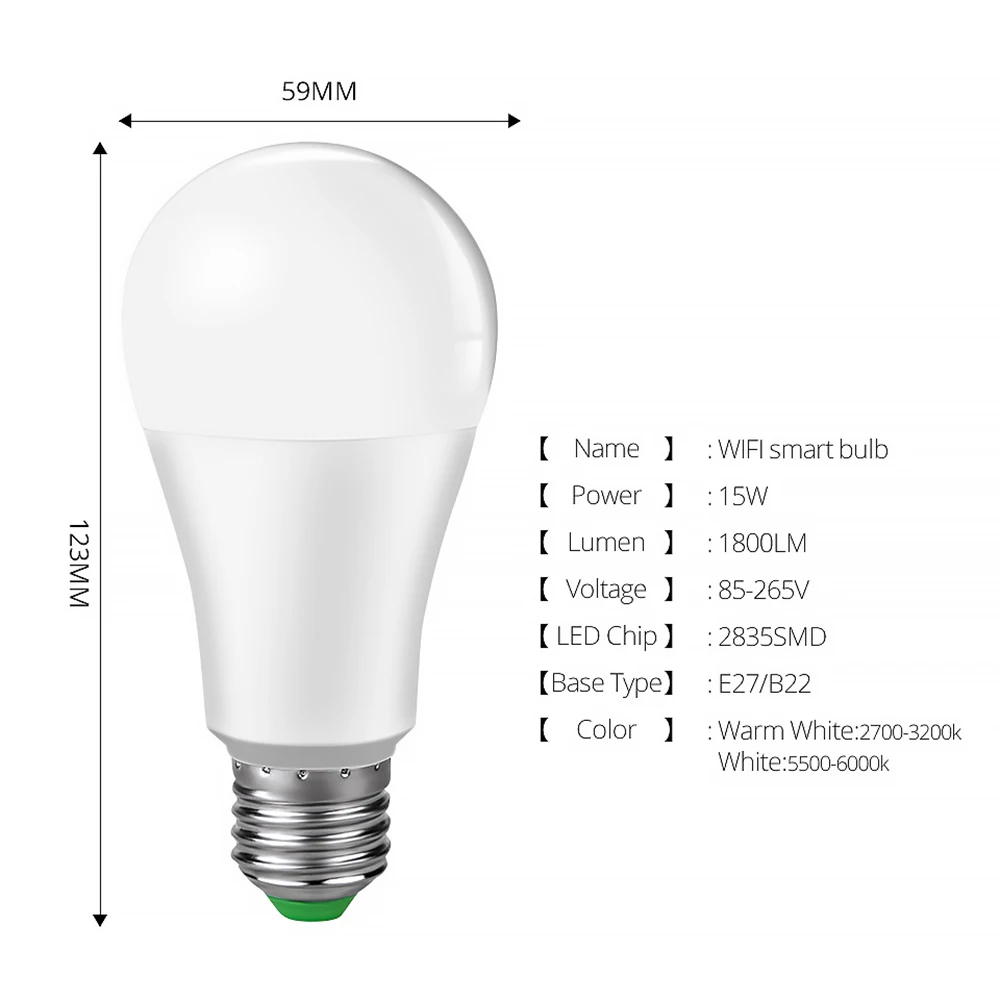 15W WiFi умный светильник лампочка B22 E27 цветная (RGB) светодиодная лампа приложение