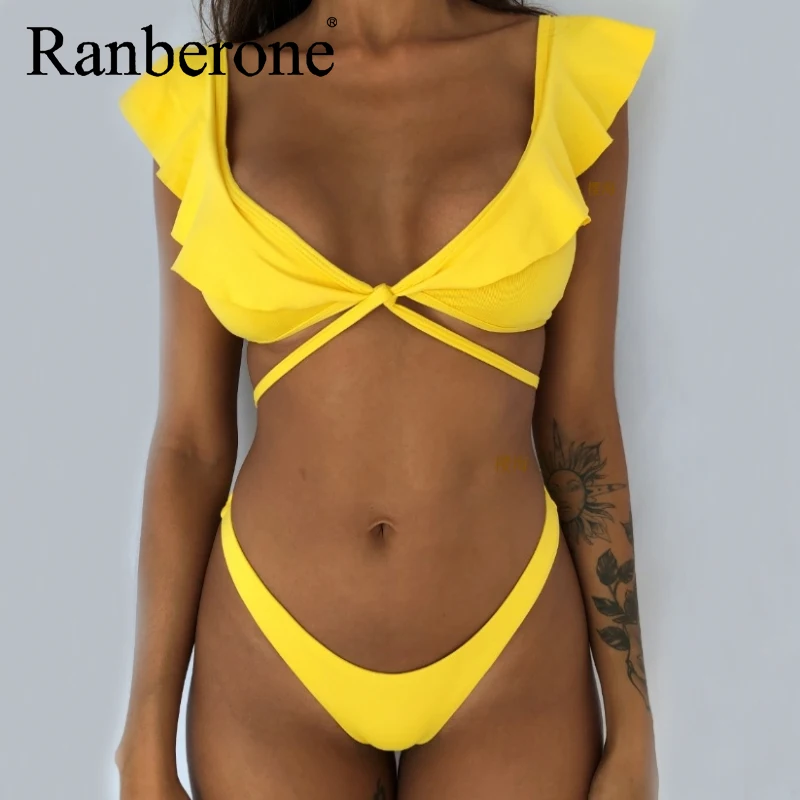 Ranberone 2020 New Sexy Ruffle Women Bukini Backless Swimwear Vintage Bikini Set Push Up Bathing Suit Summer Floral Beachwear
