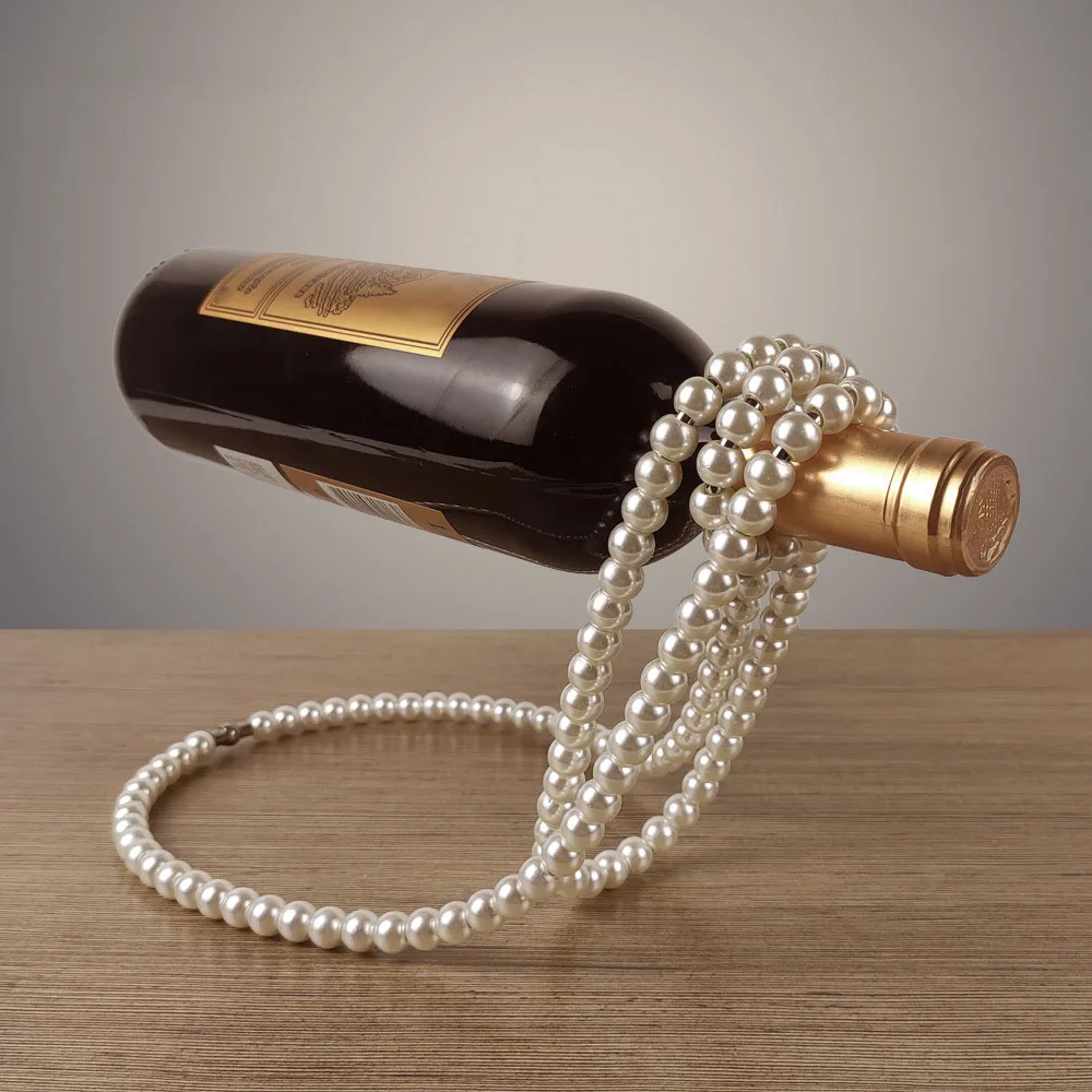 

Pearl Necklace Wine Rack Whisky Champagne Suspension Holder Decorative Wine Metal Table Rack Ornaments for Home Office Decor