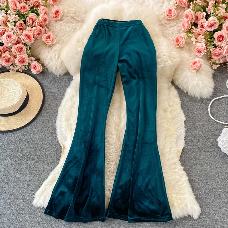 

Plus Velvet Women 2021 Autumn Flared Pants High Waist Solid Slim Trousers