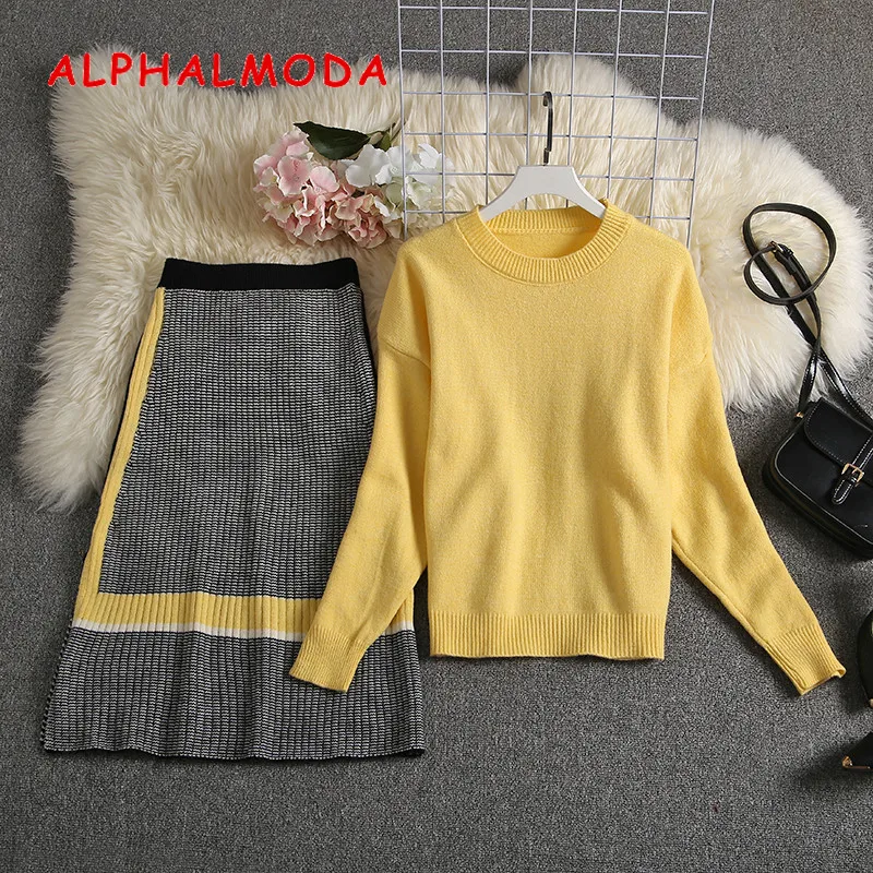 ALPHALMODA осень новое поступление Женский вязаный свитер юбка костюмы яркий цвет Молодежный Зимний вязаный костюм комплект из 2 предметов