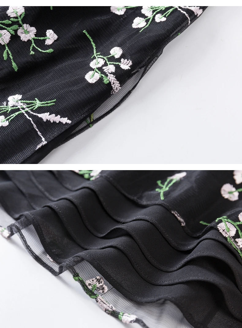 

Summer Women Elegant Floral Mesh Dress High Quality Embroidered Retro Stand Collar