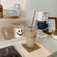 korean style coffee mug simple white letter coffee glass milk cup portable large capacity water bottle with lid and straw