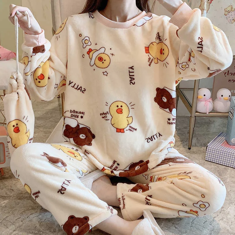 

Winter Pajamas Women New Loose Large Size Warm Flannel Round Neck Suit Cartoon Cute Sweet Home Service