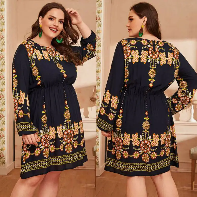 Большие размеры XL-4XL женские свободные черные мини-платья с цветочным принтом и