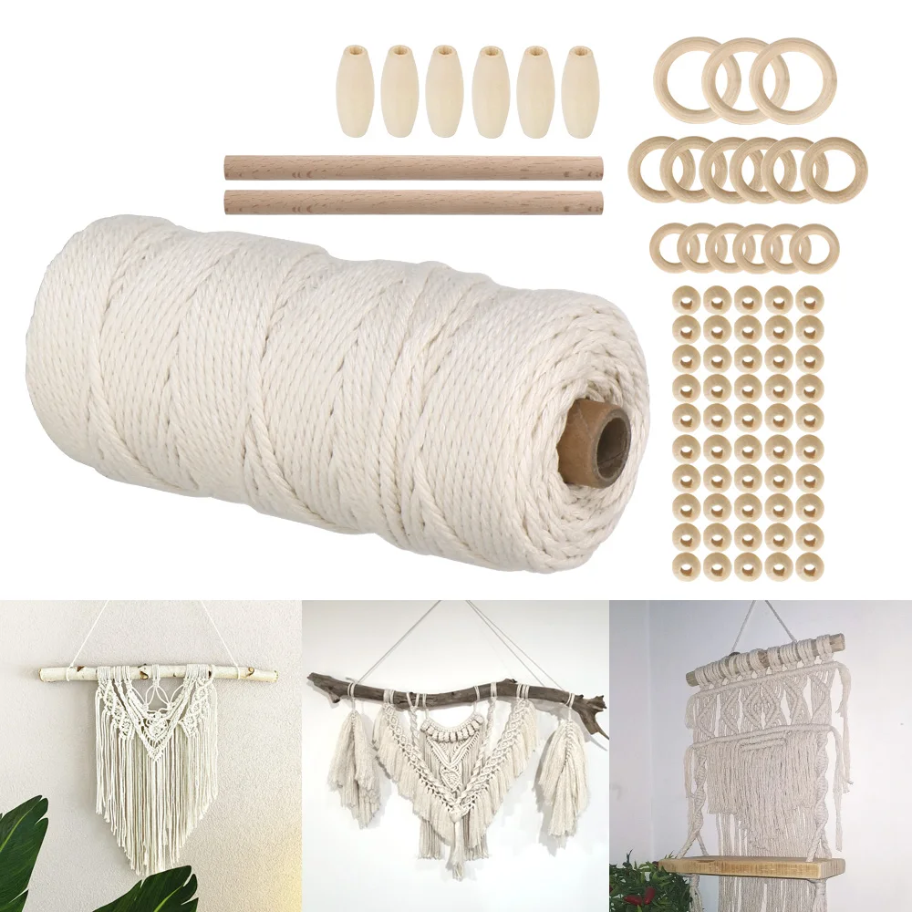 

Macrame Cord with Wood Ring Wood Stick Wall Hangings Plant Hanger DIY Teether Macrame Kit Braided Cord Natural Cotton Rope