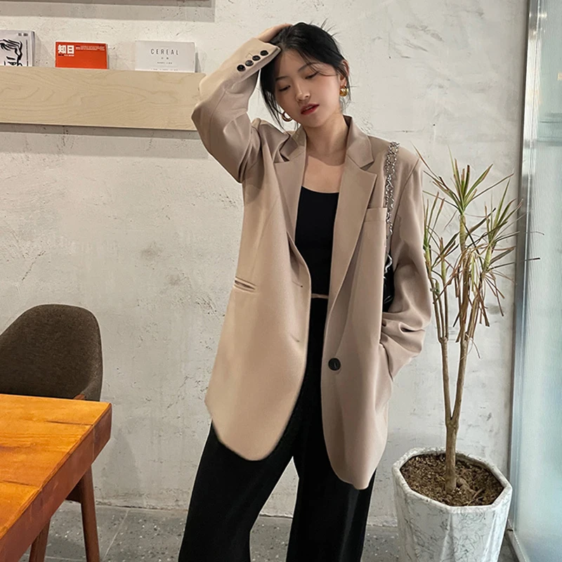 

SHENGPALAE Apricot Blazer Women's Spring Autumn 2021 New Notched Large Size Single Breasted Long Sleeve Suit Coat Female Tide